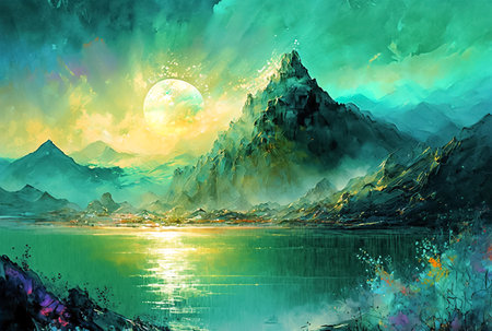 Digital abstract painting of mountains and lake in the evening. Sunset landscapeの素材