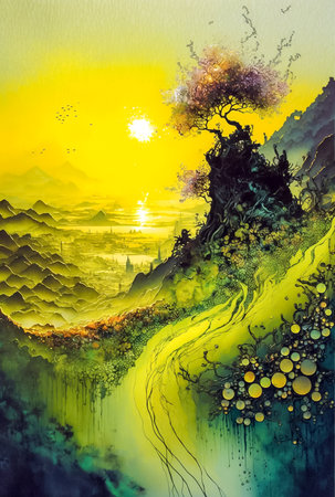 Abstract artwork, digital painting of a landscape with a tree and mountains at sunsetの素材