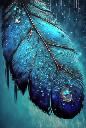 Beautiful blue feather and water drops on it. Abstract backgroundの素材