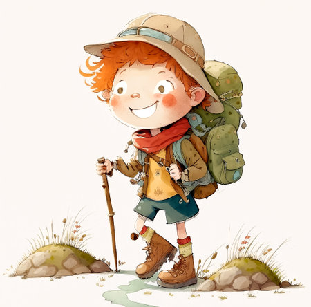 Illustration of a little boy with a backpack, cartoon digital watercolor paintingの素材