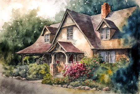 Watercolor painting of a beautiful old house in the garden. Countryside landscape, spring season, printable art. Generative ai.の素材