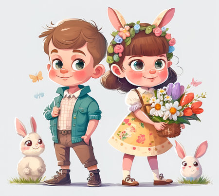 Cute boy and girl with rabbits and spring flowers. Digital cartoon illustration. Generative ai.の素材