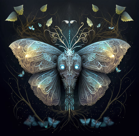 Fantasy illustration of whimsical ornate butterfly on darkness nature background, generative ai.の素材