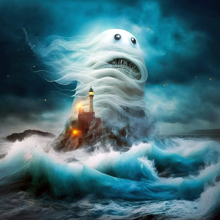 Ghost and lighthouse on stormy sea background. Printable artwork, generative ai.の素材