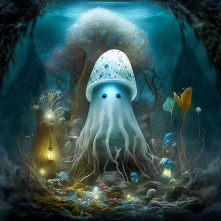 Fantasy illustration of an Octopus in the underwater world, generative ai.の素材