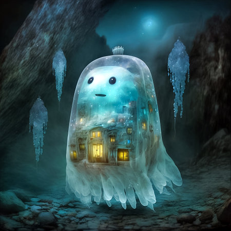 Surreal whimsical illustration of a ghost in a cave with a house inside, generative ai.の素材