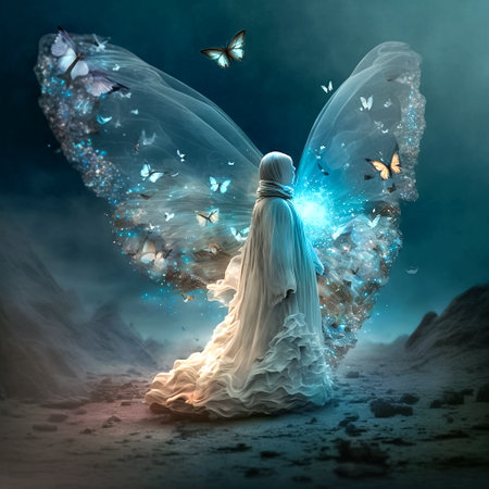 Mystical surreal scene with flying ghost and butterflies, generative ai.の素材