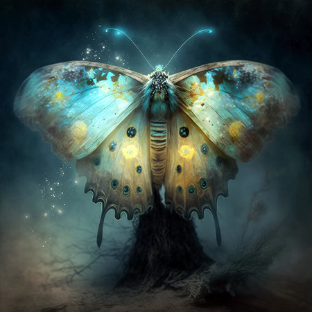 Mystical butterfly in the night. Whimsical surreal illustration for printing, generative ai.の素材