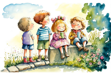 Children sit and drink in the park. Watercolor painting, generative ai.の素材