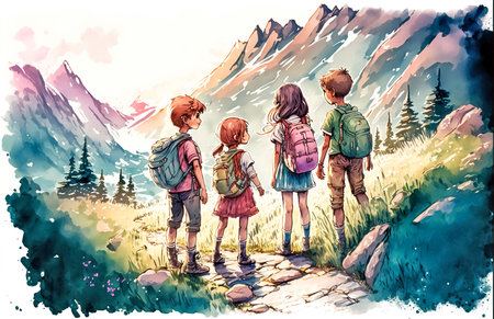 Children hiking in the mountains. Watercolor illustration with kids, generative ai.の素材