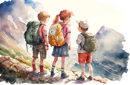 Children hiking in the mountains. Kids with backpacks. Watercolor illustration, generative ai.の素材