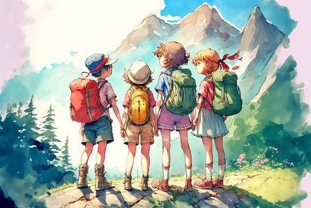 Group of kids with backpacks on the trail in the mountains. Landscape watercolor painting, generative ai.の素材