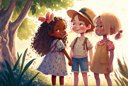 Little girls in the park stand in the shade of the trees. Watercolor illustration, generative ai.の素材