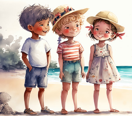 Two boys and a girl on the seashore. Summer scenery. Watercolor painting, generative ai.の素材