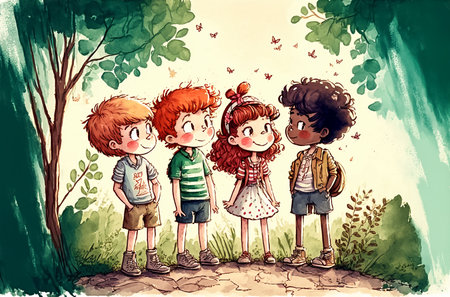 Cartoon happy kids walking in the forest. Watercolor painting, generative ai.の素材