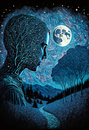 Digital painting of a woman's face with a night sky background with full moon, psychedelic art, night landscape, poster art. Generative ai.の素材