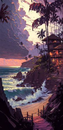 Tropical resort with palm trees at sunset. Digital painting. AI generated.の素材