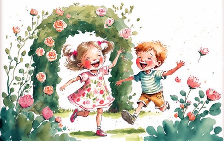 Happy children playing in the garden. Watercolor illustration. AI generated.の素材