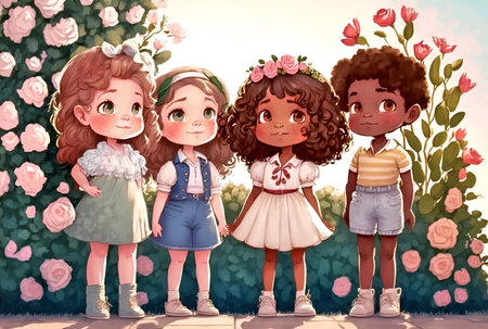 Watercolor illustration of a group of cute cartoon little girls in a garden. AI generated.の素材