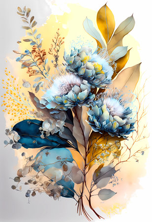 Bouquet of blue protea flowers with golden leaves. Watercolor illustration. AI generated.の素材