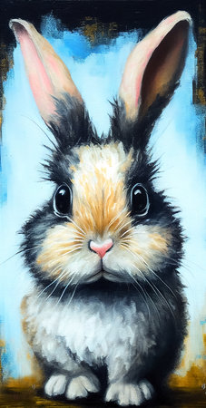 Portrait of rabbit on a blue background. Easter bunny. Digital oil painting. AI generated.の素材