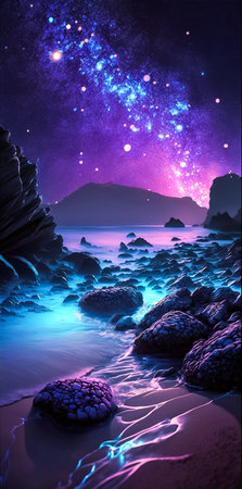 Fantasy night seascape with glowing starry sky and sea. Vertical illustration. Generative ai.の素材
