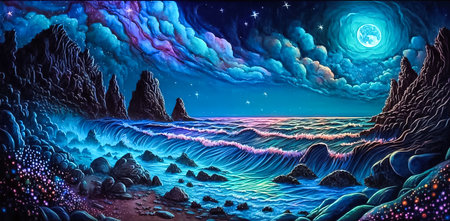 Fantasy landscape with rocks and sea at night. Generative ai.の素材