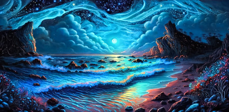 Fantasy landscape with sea, mountains and moon. Night panorama, digital horizontal painting. Generative ai.の素材