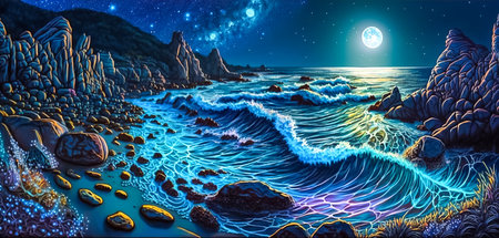Fantasy landscape with sea, rocks and moon in the sky. Generative ai.の素材