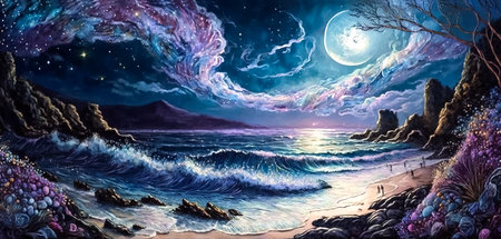 Horizontal illustration with night seascape and full moon. Digital painting. Generative ai.の素材