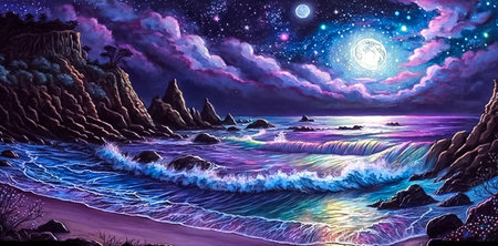 Beautiful night seascape with waves and clouds, starry sky and full moon. Fantasy illustration. Generative ai.の素材