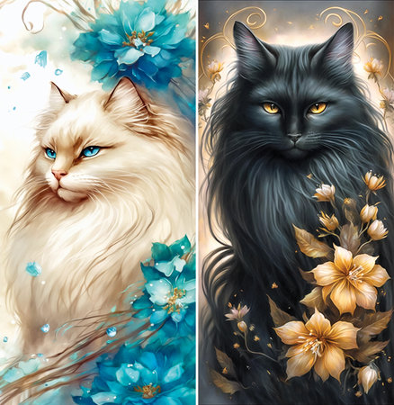 Two vertical painting with black cat and white cat in flowers. Generative ai.の素材