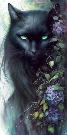 Portrait of a black cat with green eyes and purple flowers. Generative ai.の素材