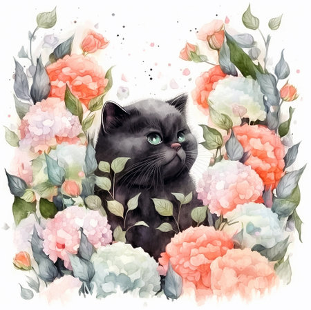 Watercolor portrait of black cat and flowers. Hand drawn illustration. Generative ai.の素材
