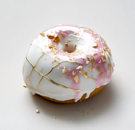 Donut with white pink glaze and sprinkles on a white background. Generative ai.の素材