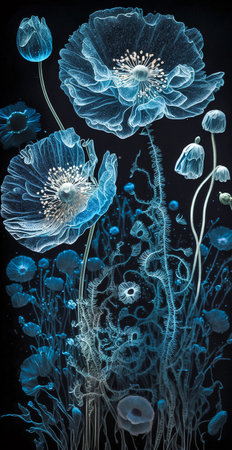 Fantasy blue field flowers on a black background. Vertical graphics illustration. Generative ai.の素材