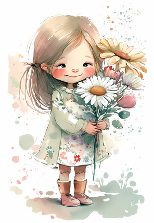 Cute little girl with a bouquet of daisies. Watercolor painting, wall art, nursery art. Generative ai.の素材