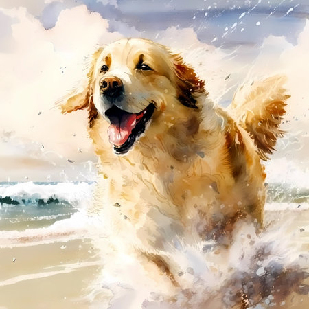 Digital watercolor painting of a golden retriever dog playing on the beach. Generative ai.の素材