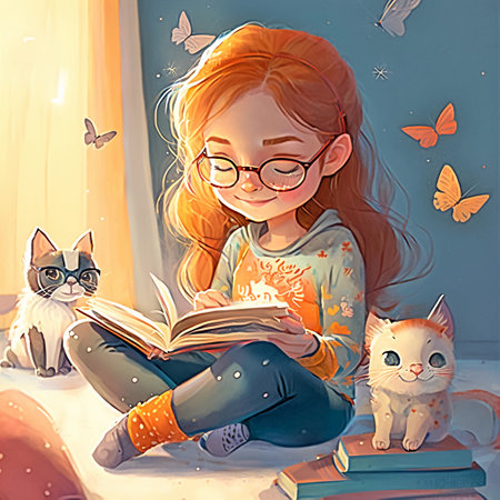 Little girl reading a book with her cat at home, cartoon kid illustration. Generative ai.の素材