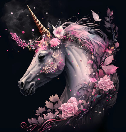 Unicorn horse with pink horn and flowers. Digital illustration. Generative ai.の素材