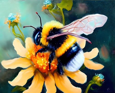 Bumblebee (Bombus) on yellow flower. Close-up digital oil painting. Generative ai.の素材