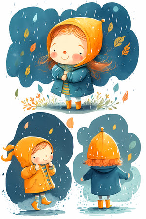 Set of cute little cartoon girls with autumn leaves in the rain. Watercolor illustration. Generative ai.の素材
