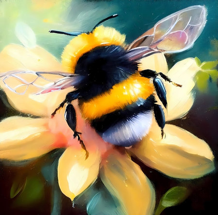 Bumblebee on a flower. Digital oil painting on canvas. Generative ai.の素材