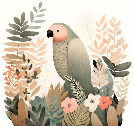 Cute parrot with tropical plants and flowers. Digital illustration. Generative ai.の素材