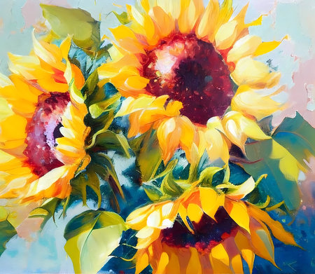 Digital oil painting of sunflowers on canvas. Printable illustration. Generative ai.の素材