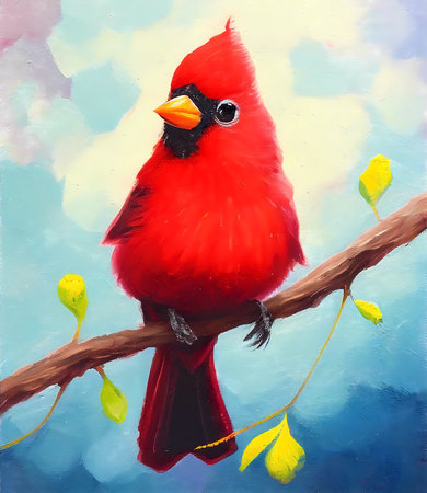 Portrait of red cardinal bird on a branch with yellow leaves. Digital oil painting. Generative ai.の素材