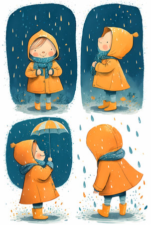 Watercolor set with girl in orange coats in the rain. Digital illustration. Generative ai.の素材