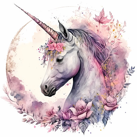 Portrait of unicorn with pink flowers. Watercolor illustration. Generative ai.の素材