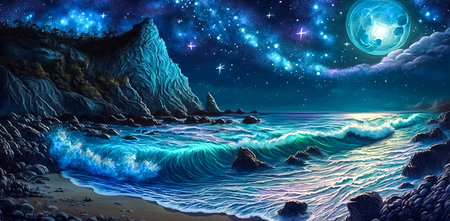Fantasy landscape with sea and mountains, full moon in the night sky. Generative ai.の素材