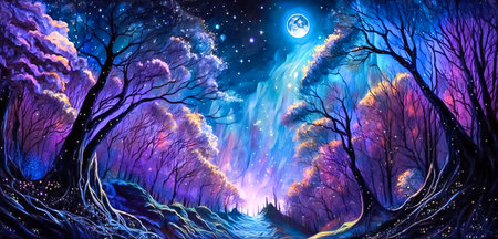 Fantasy scenery in night glowing forest. Landscape with trees, moon and stars. Digital painting. Generative ai.の素材